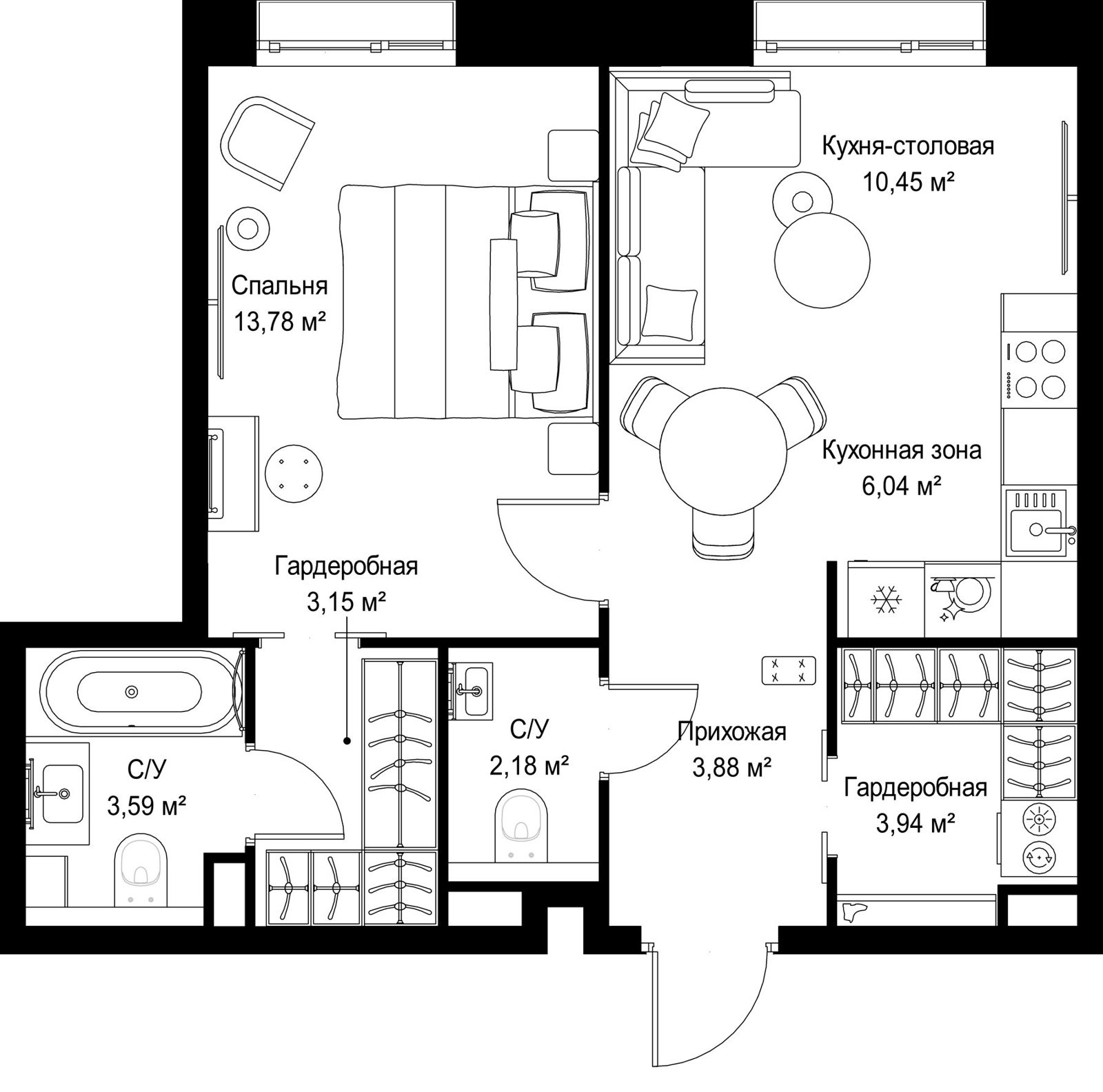 1-комнатная квартира, 47 м²