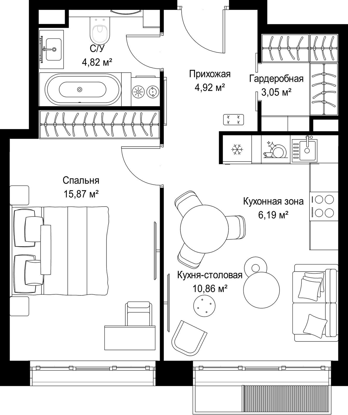 1-комнатная квартира, 45,7 м²
