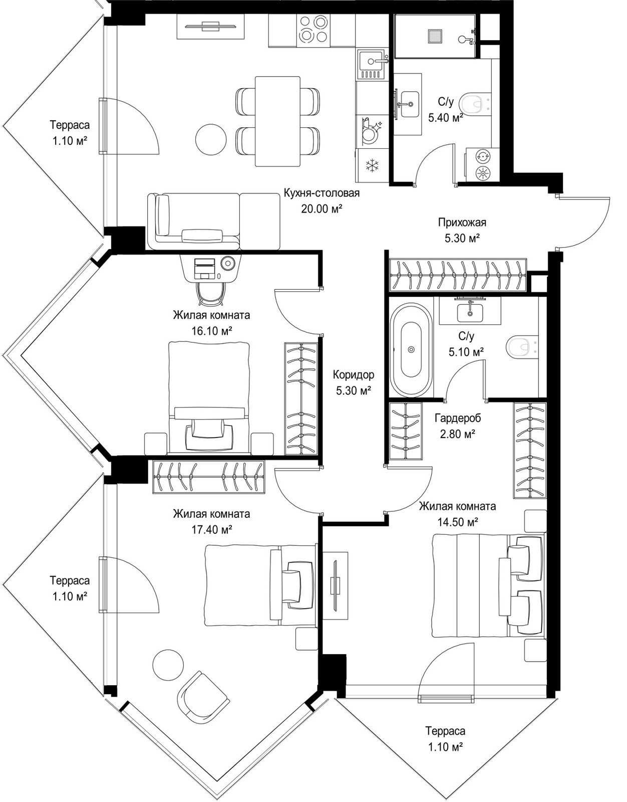 3-комнатная квартира, 95,2 м²