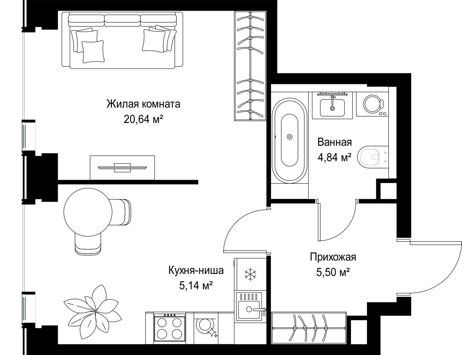 1-комнатная квартира, 36,1 м²