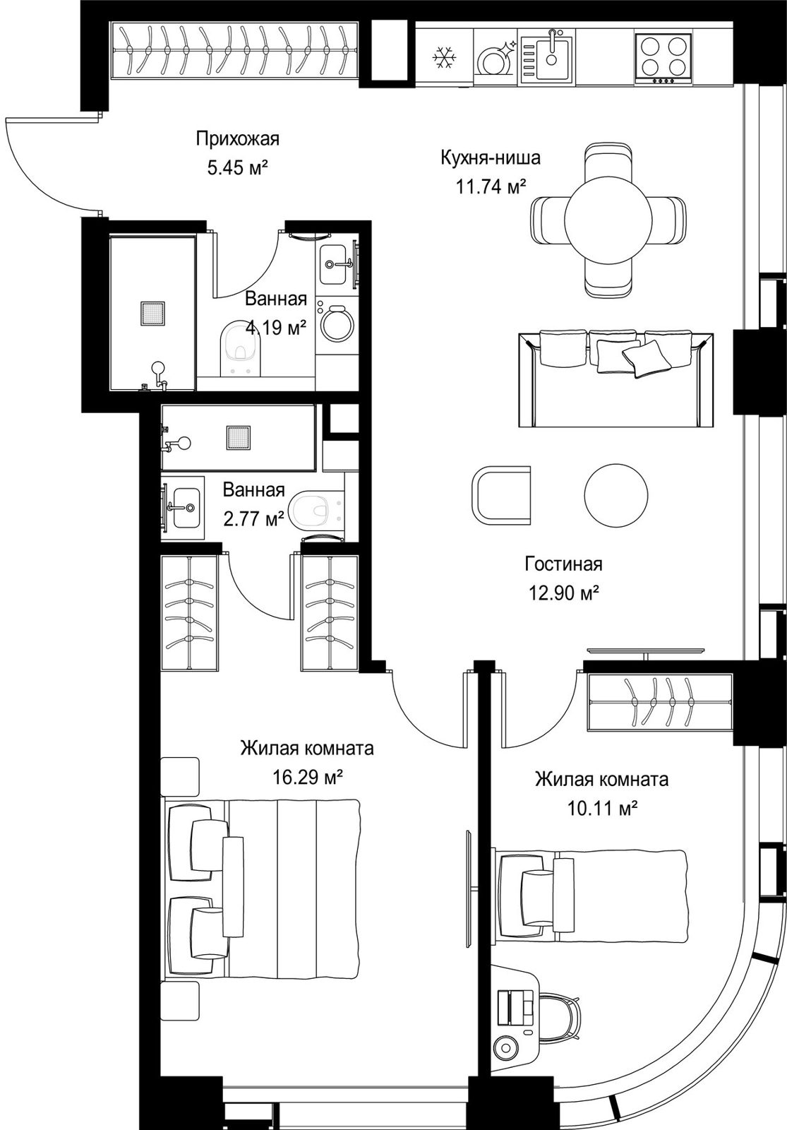 2-комнатная квартира, 63,5 м²