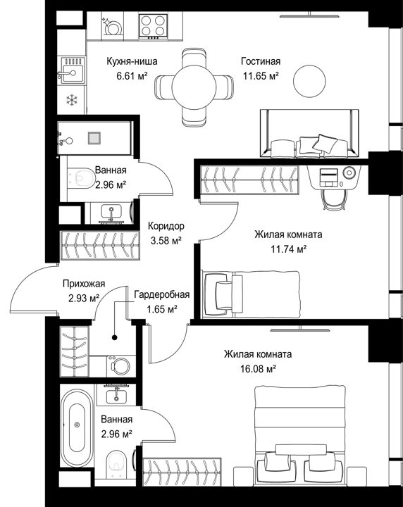 2-комнатная квартира, 60,2 м²