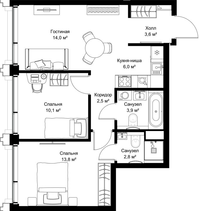 2-комнатная квартира, 56,7 м²