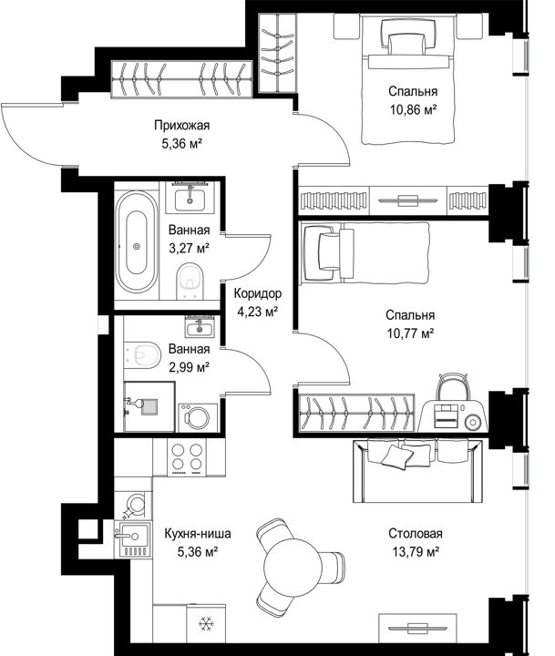 2-комнатная квартира, 56,6 м² — фото 2