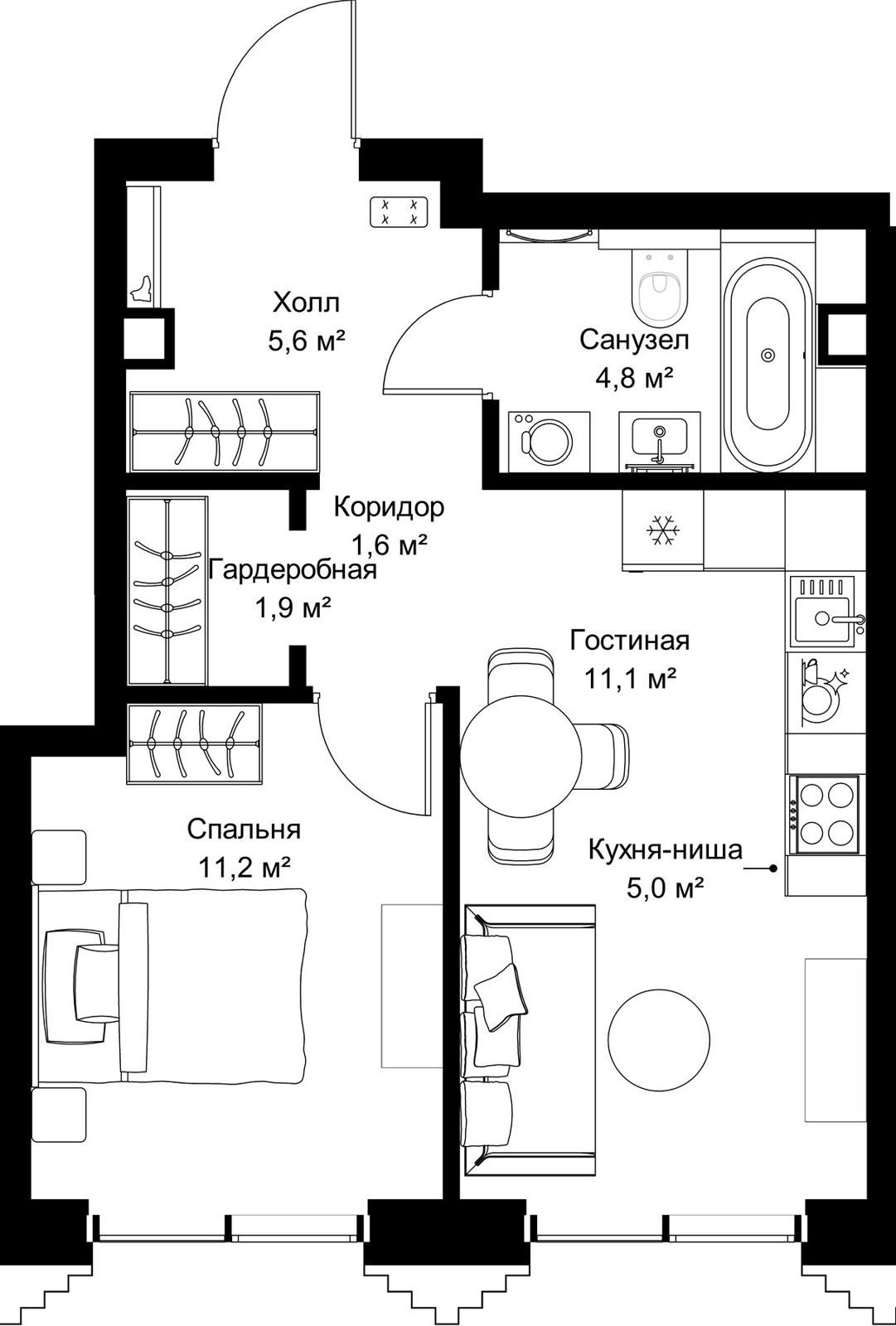 1-комнатная квартира, 41,2 м²
