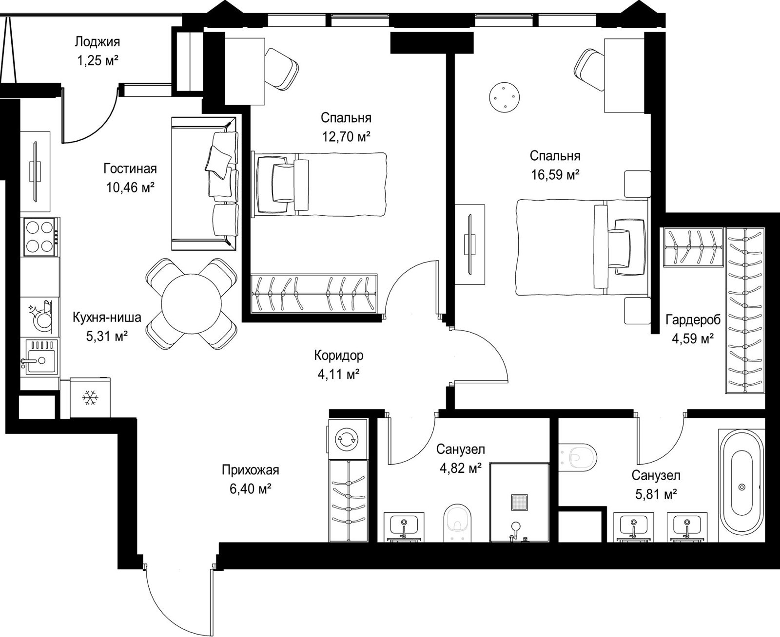 2-комнатная квартира, 72 м²
