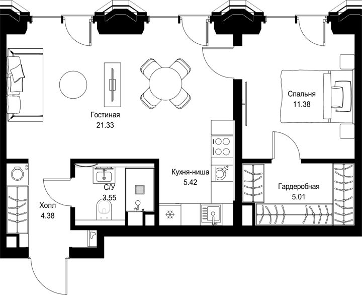 1-комнатная квартира, 50 м² — фото 1