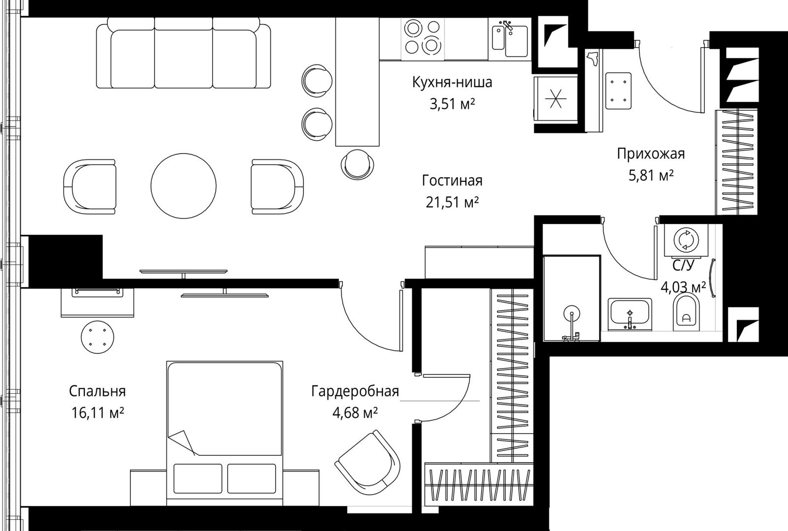 1-комнатная квартира, 55,4 м²