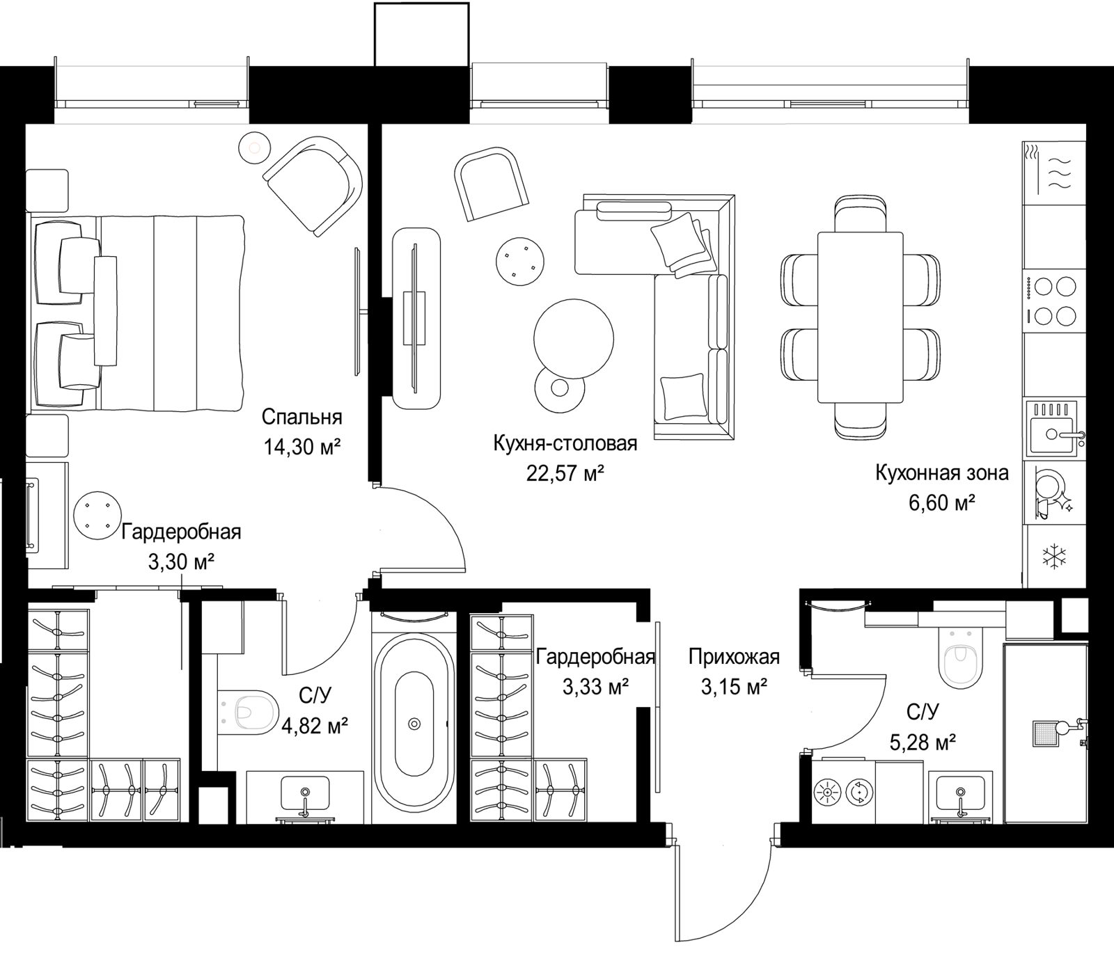 1-комнатная квартира, 63,4 м²