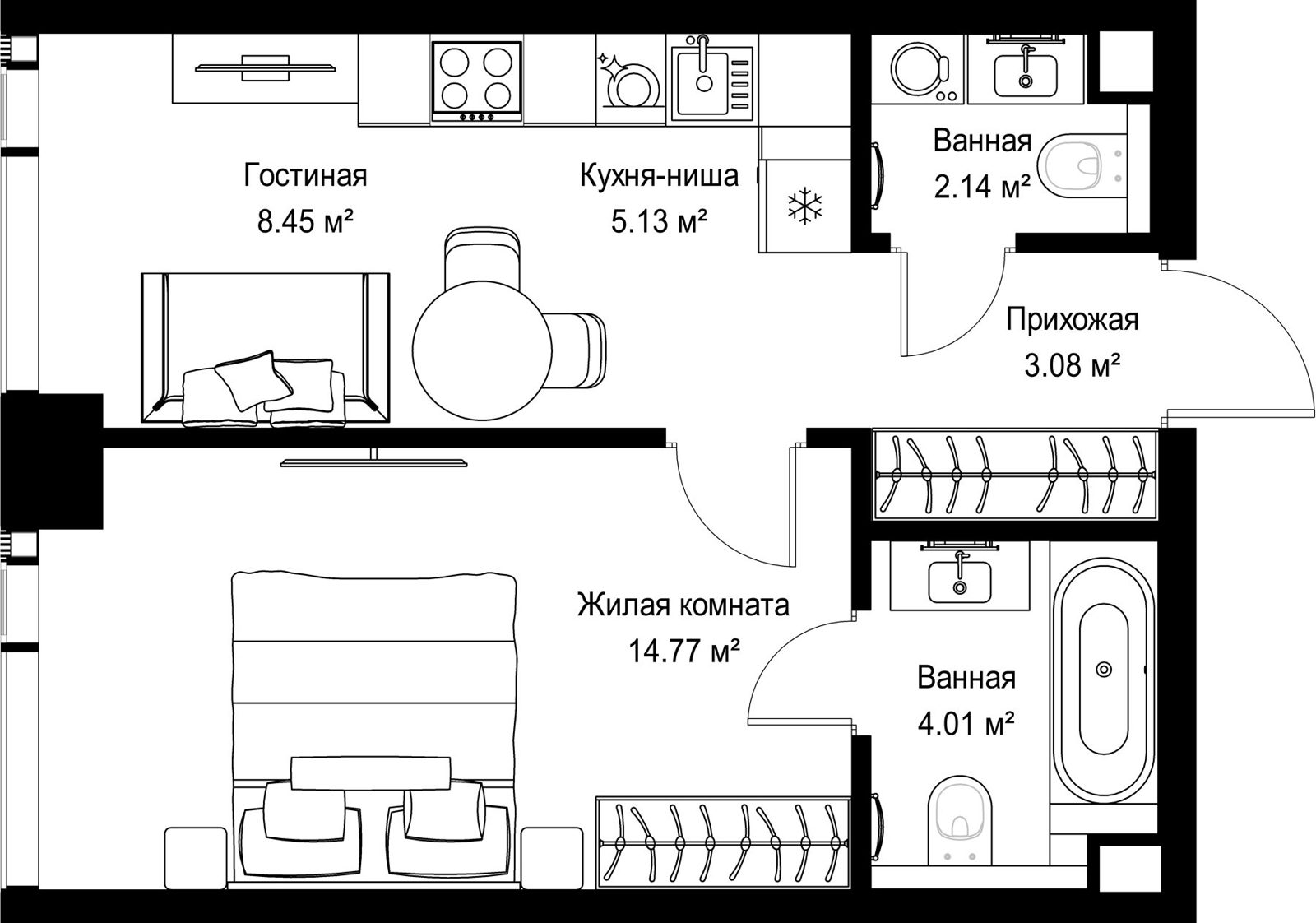 1-комнатная квартира, 37,6 м²
