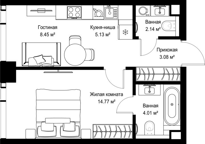 1-комнатная квартира, 37,6 м²