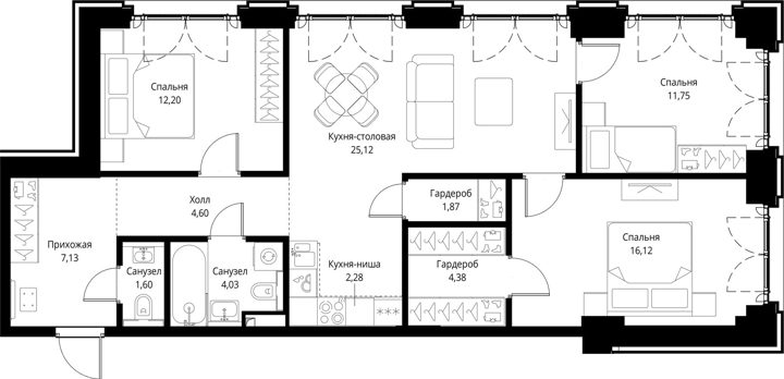 3-комнатная квартира, 91,1 м² — фото 1