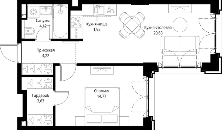 1-комнатная квартира, 49,3 м² — фото 1