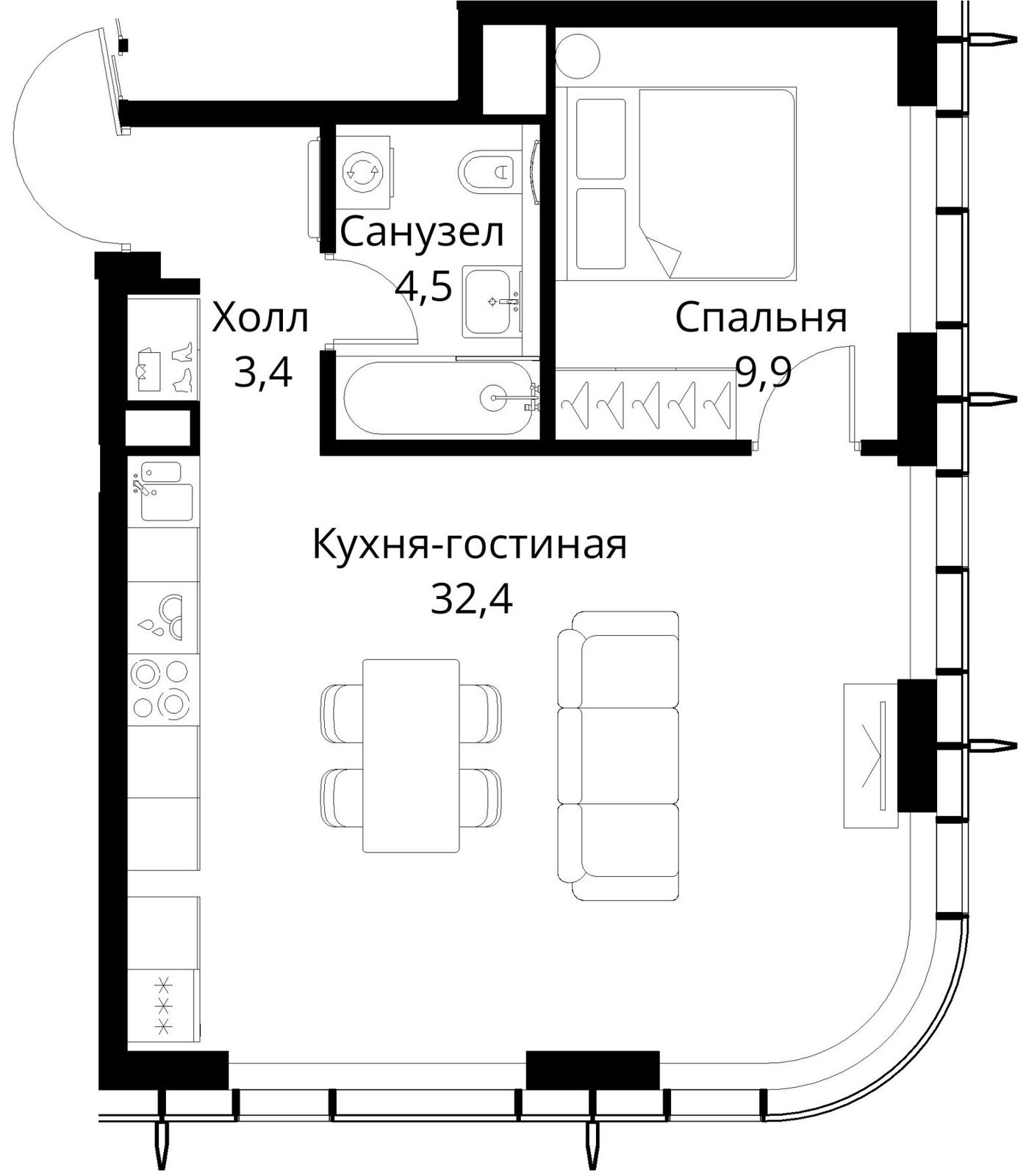 1-комнатная квартира, 50,2 м²