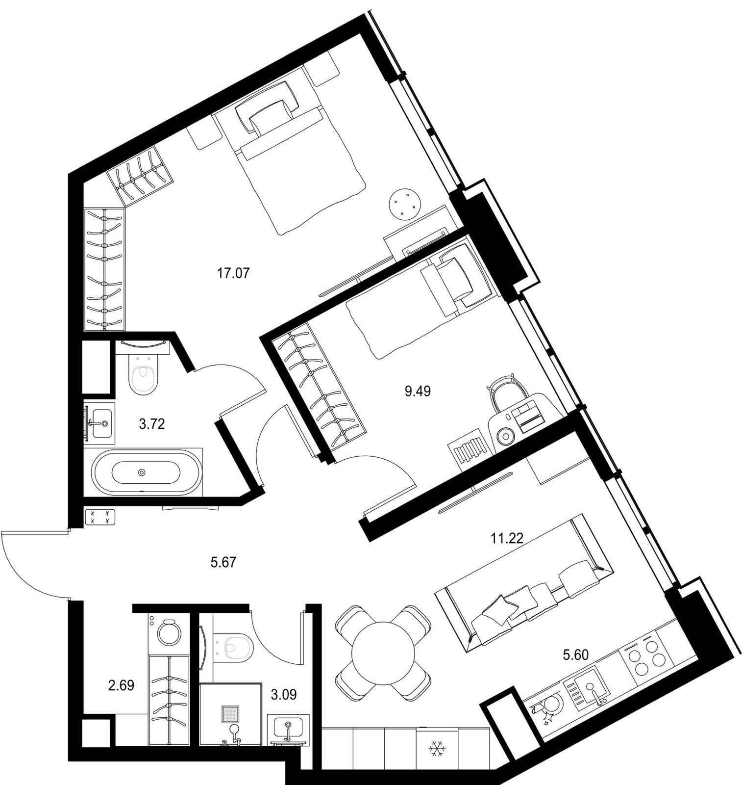 2-комнатная квартира, 58,5 м²