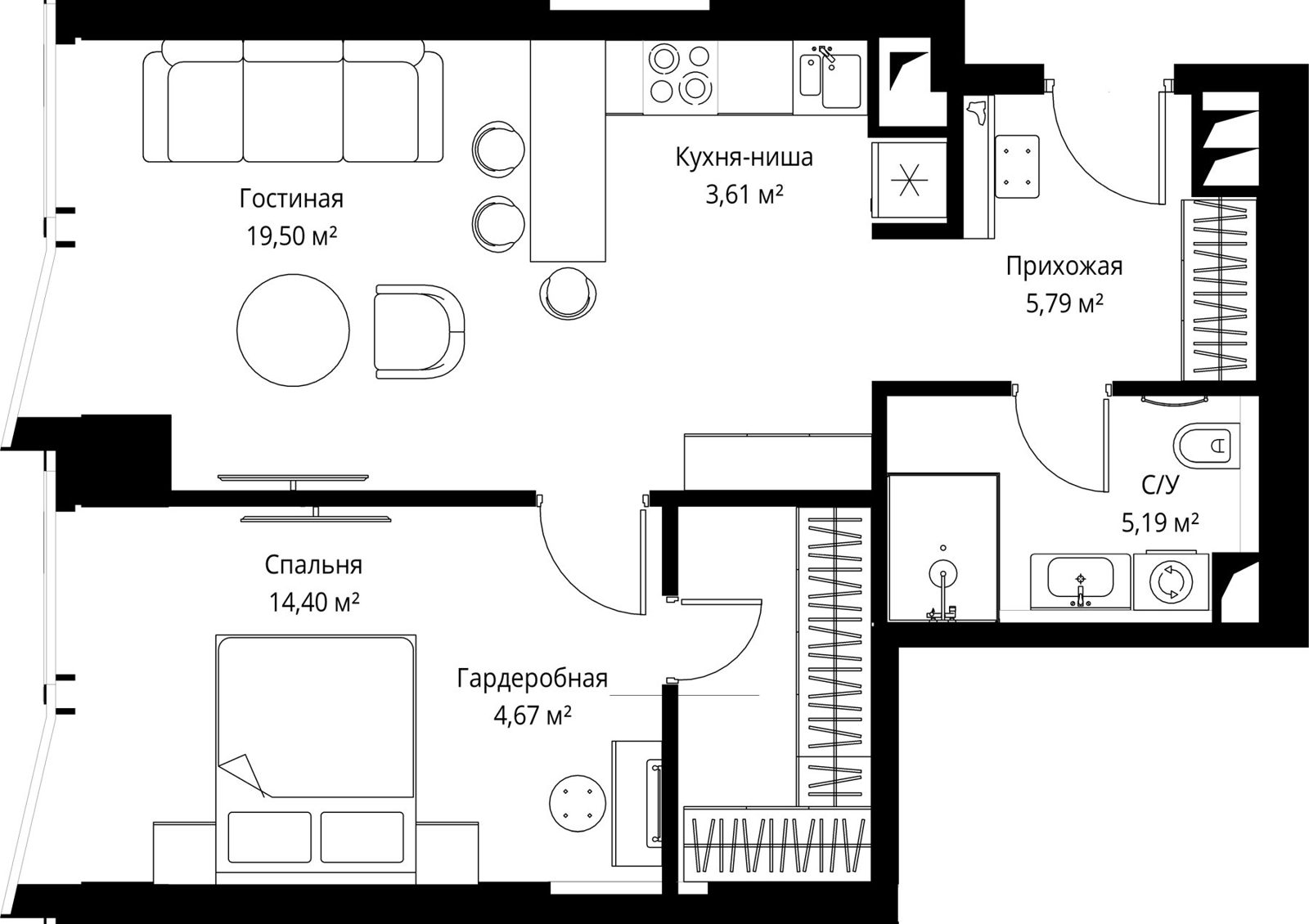 1-комнатная квартира, 53,4 м²