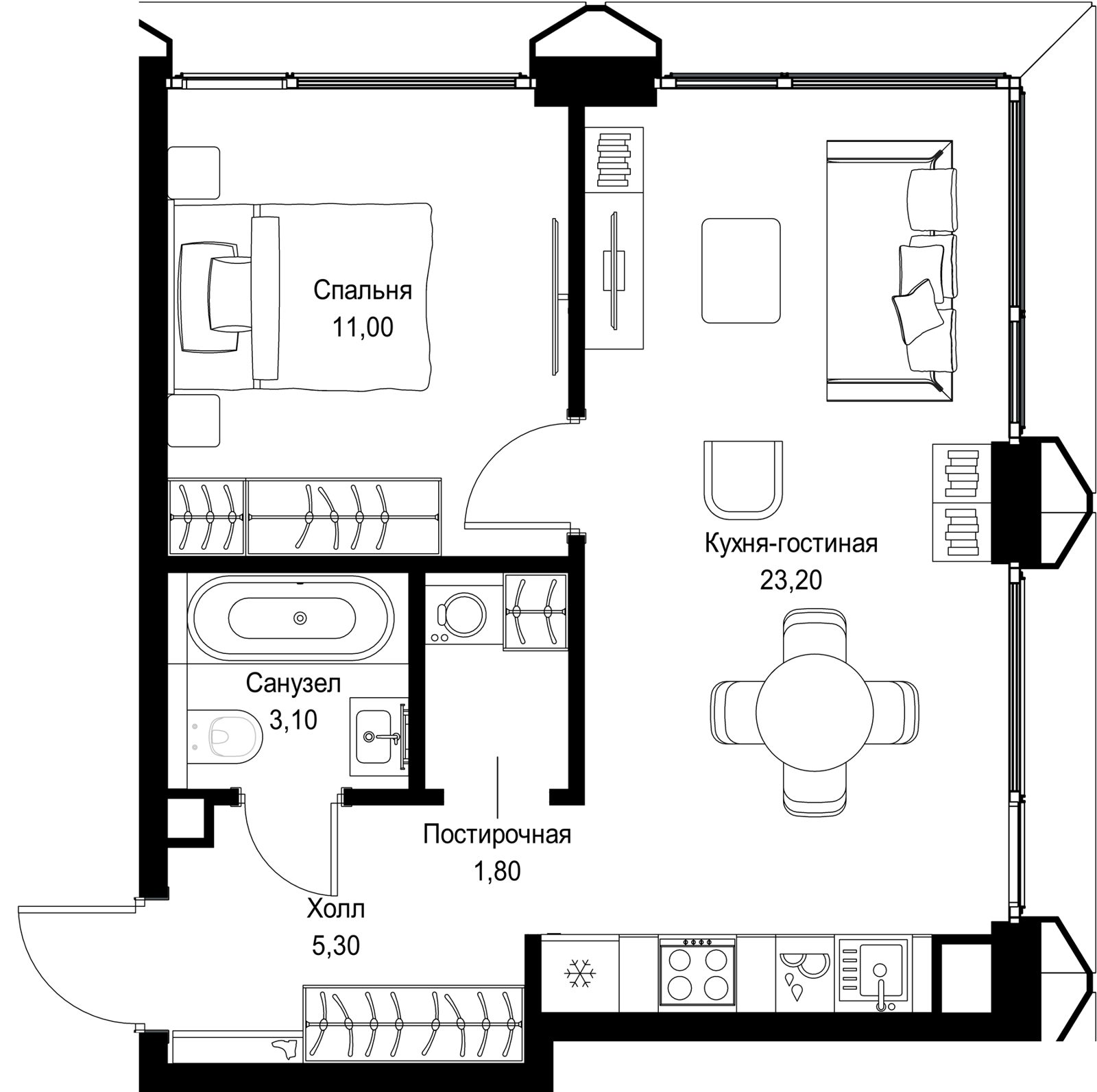 1-комнатная квартира, 44,4 м²