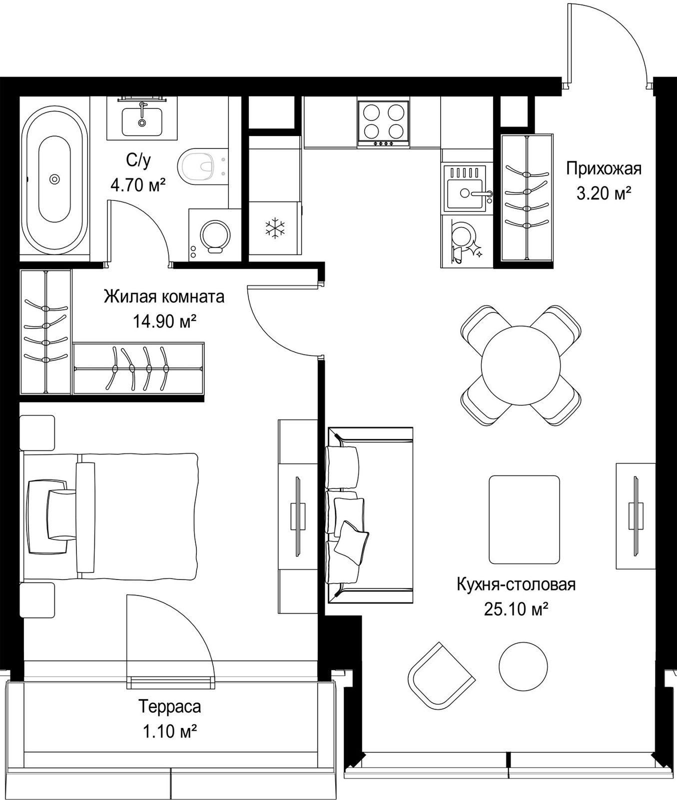 1-комнатная квартира, 49 м²