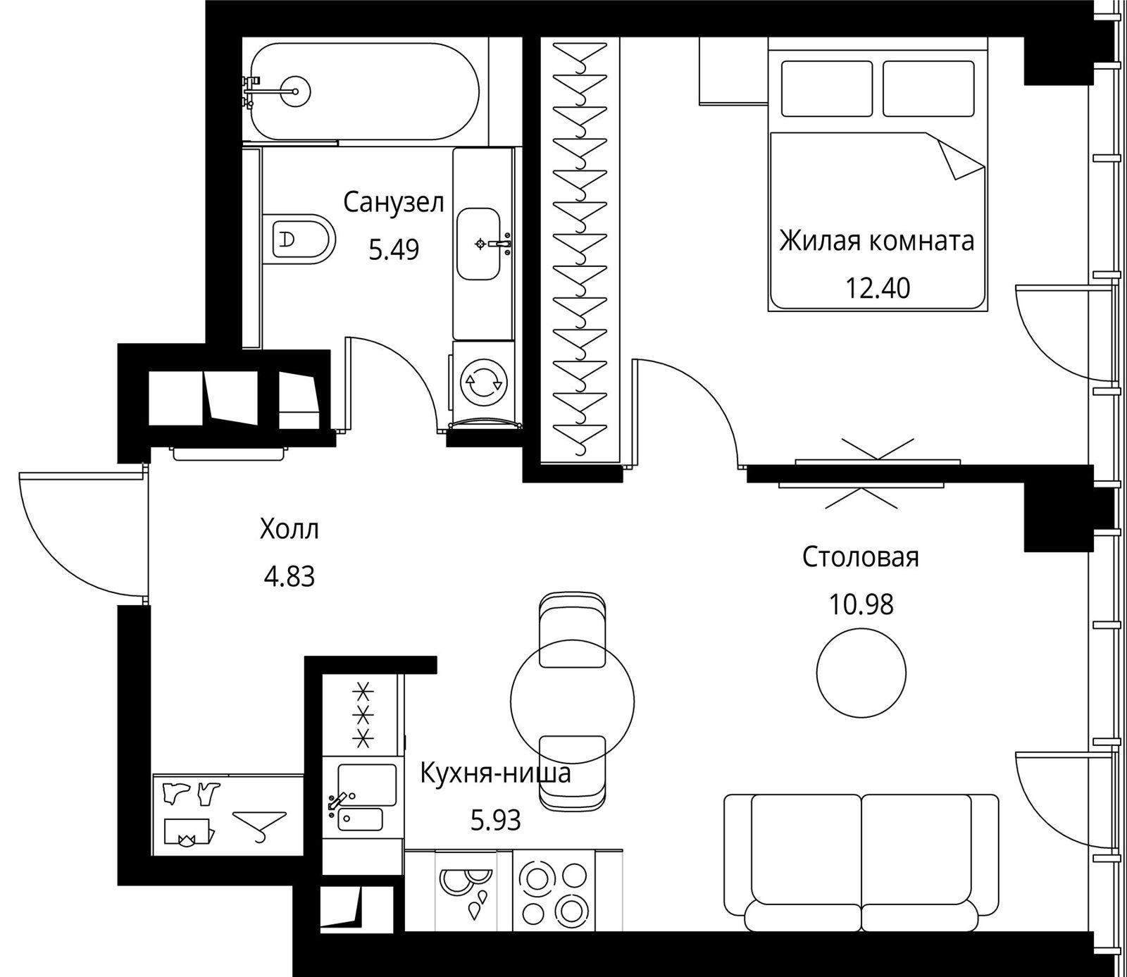 1-комнатная квартира, 39,6 м²