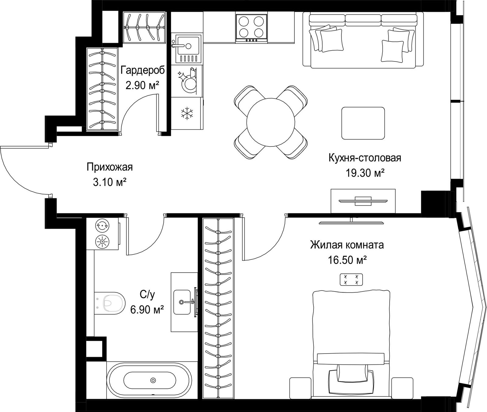 1-комнатная квартира, 48,7 м²