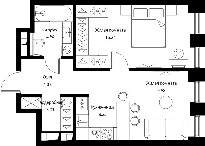 1-комнатная квартира, 45,7 м² — фото 1