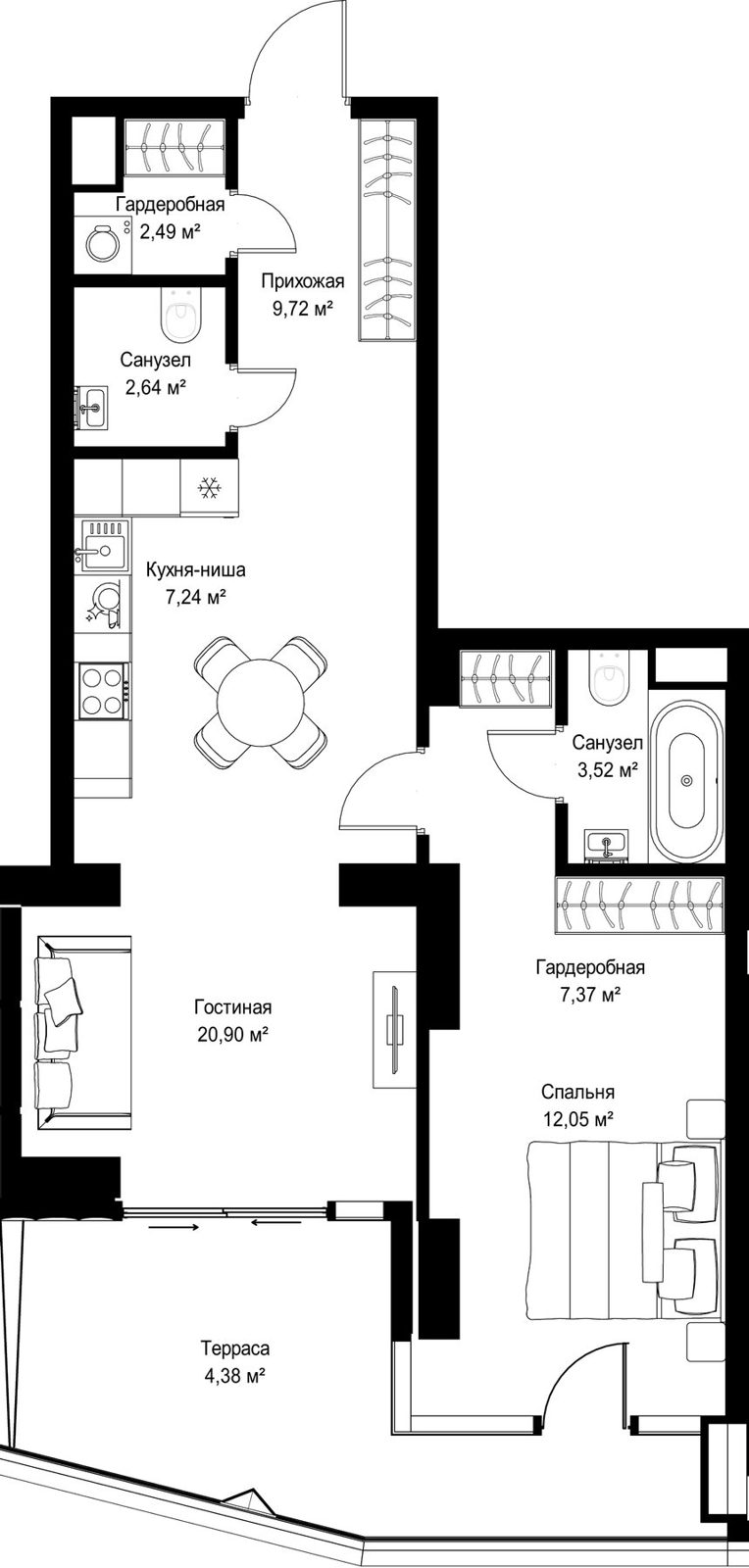 1-комнатная квартира, 70,3 м²