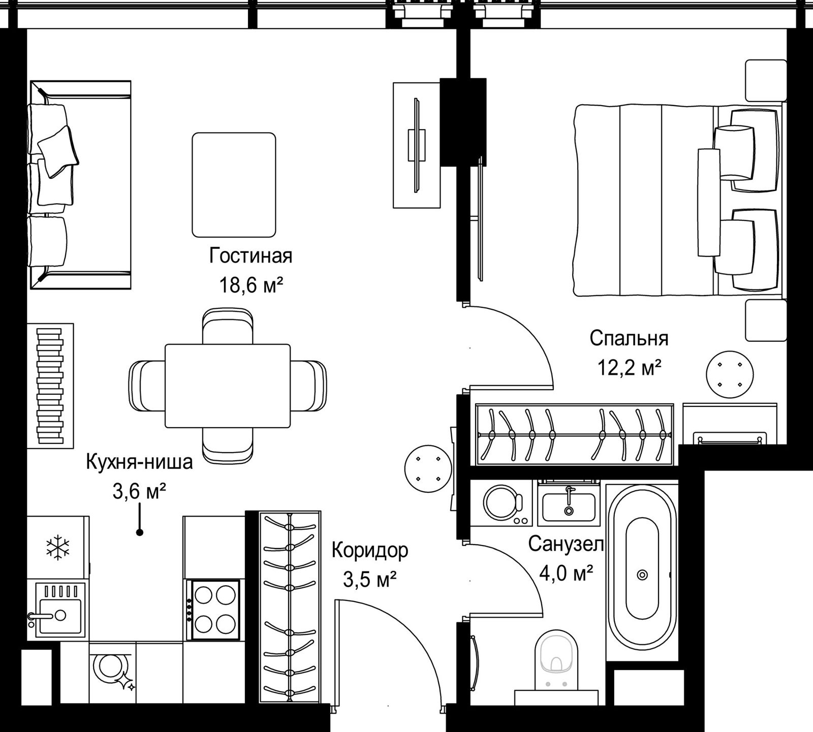 1-комнатная квартира, 41,9 м²