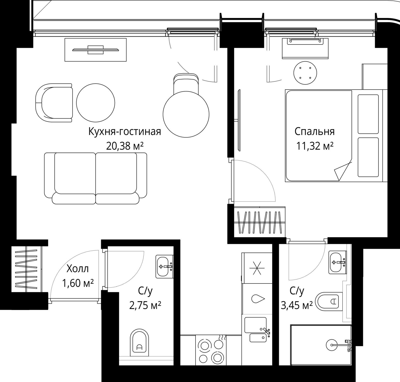 1-комнатная квартира, 38,8 м²
