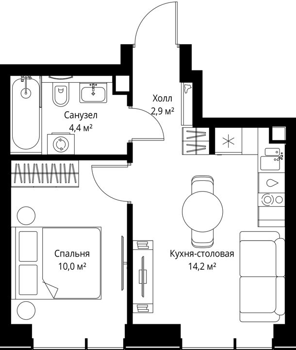 1-комнатная квартира, 32,2 м²
