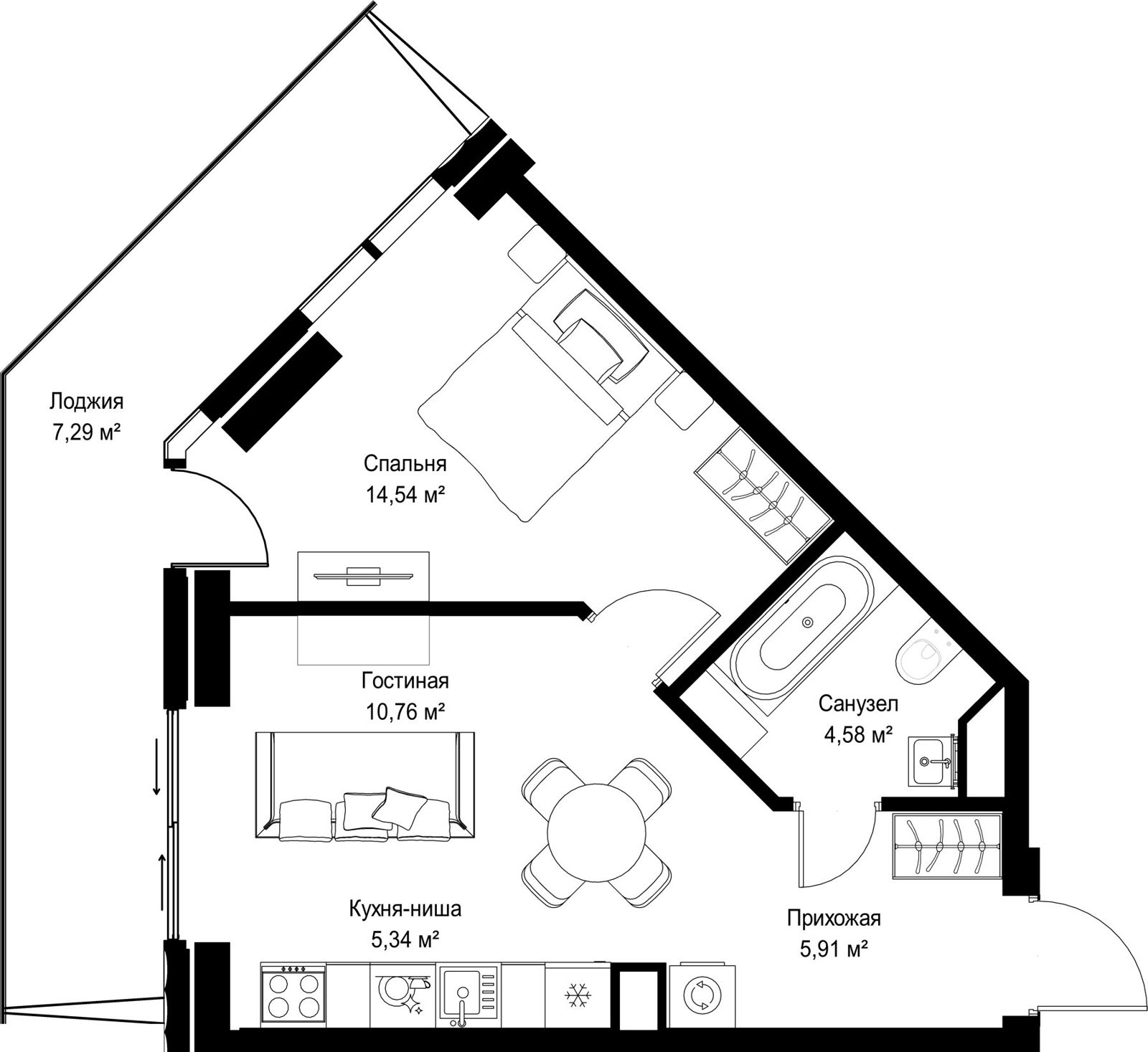 1-комнатная квартира, 48,4 м²
