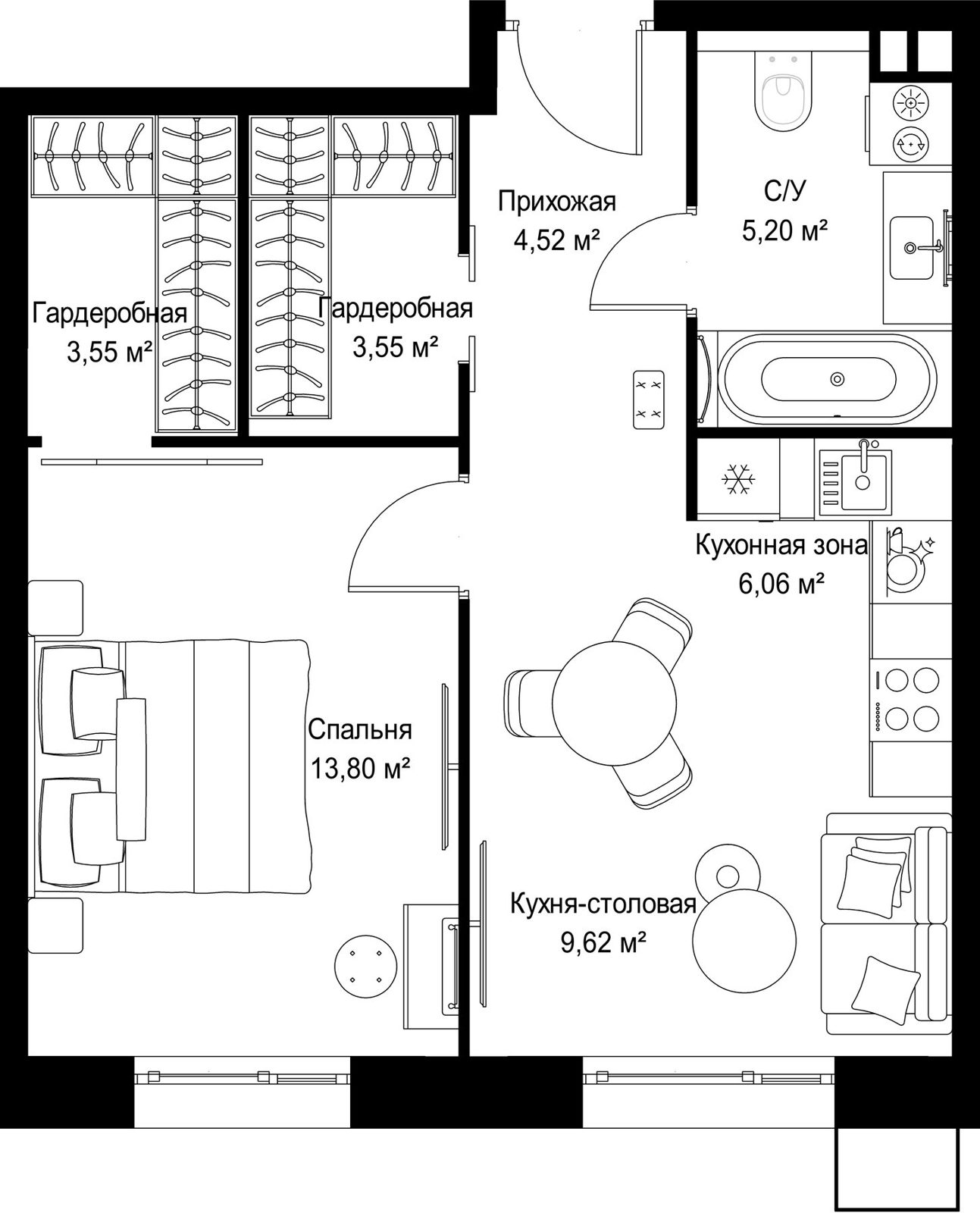 1-комнатная квартира, 46,3 м²