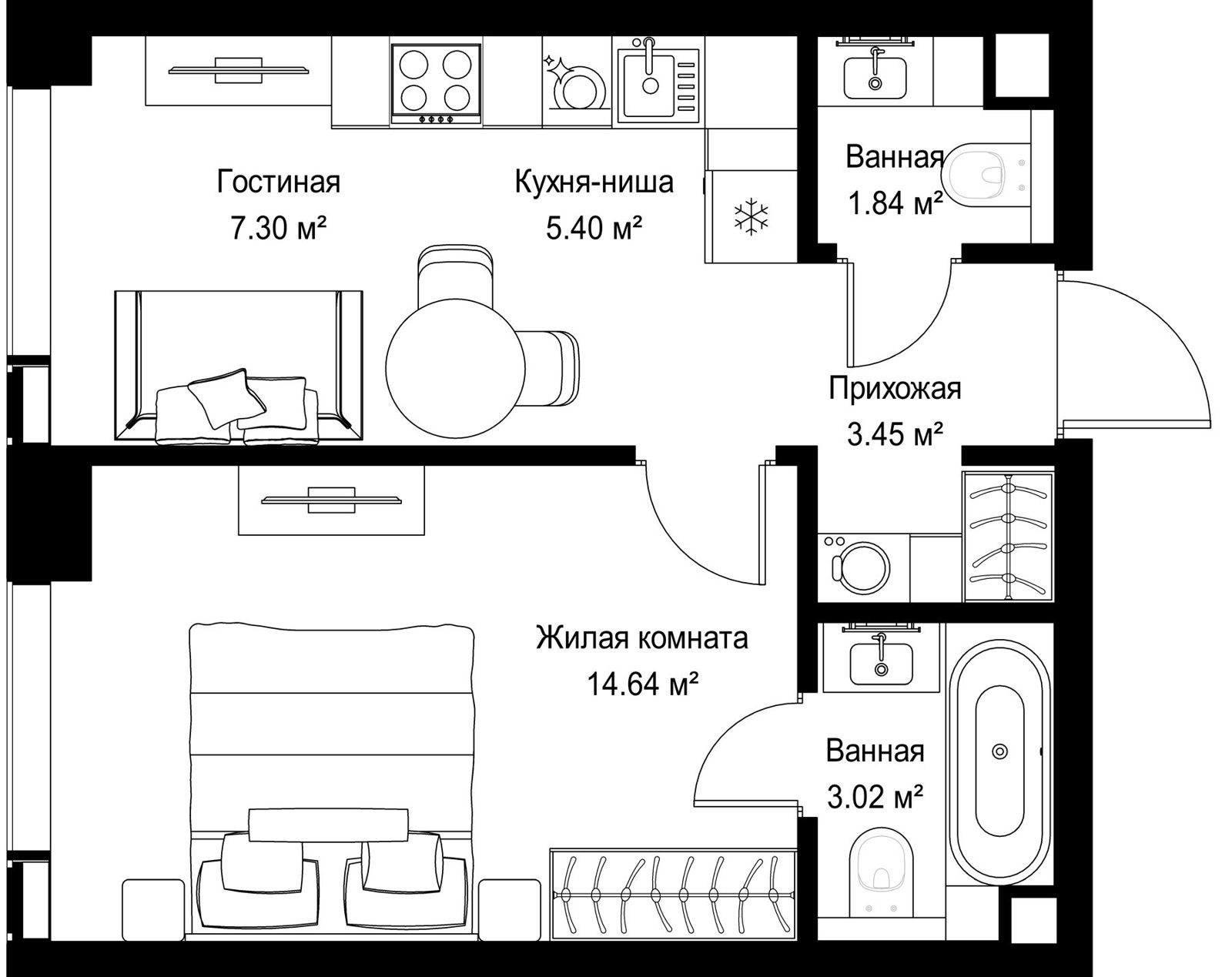 1-комнатная квартира, 35,6 м²