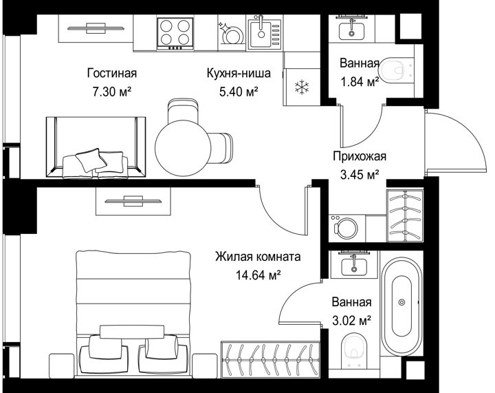 1-комнатная квартира, 35,6 м²