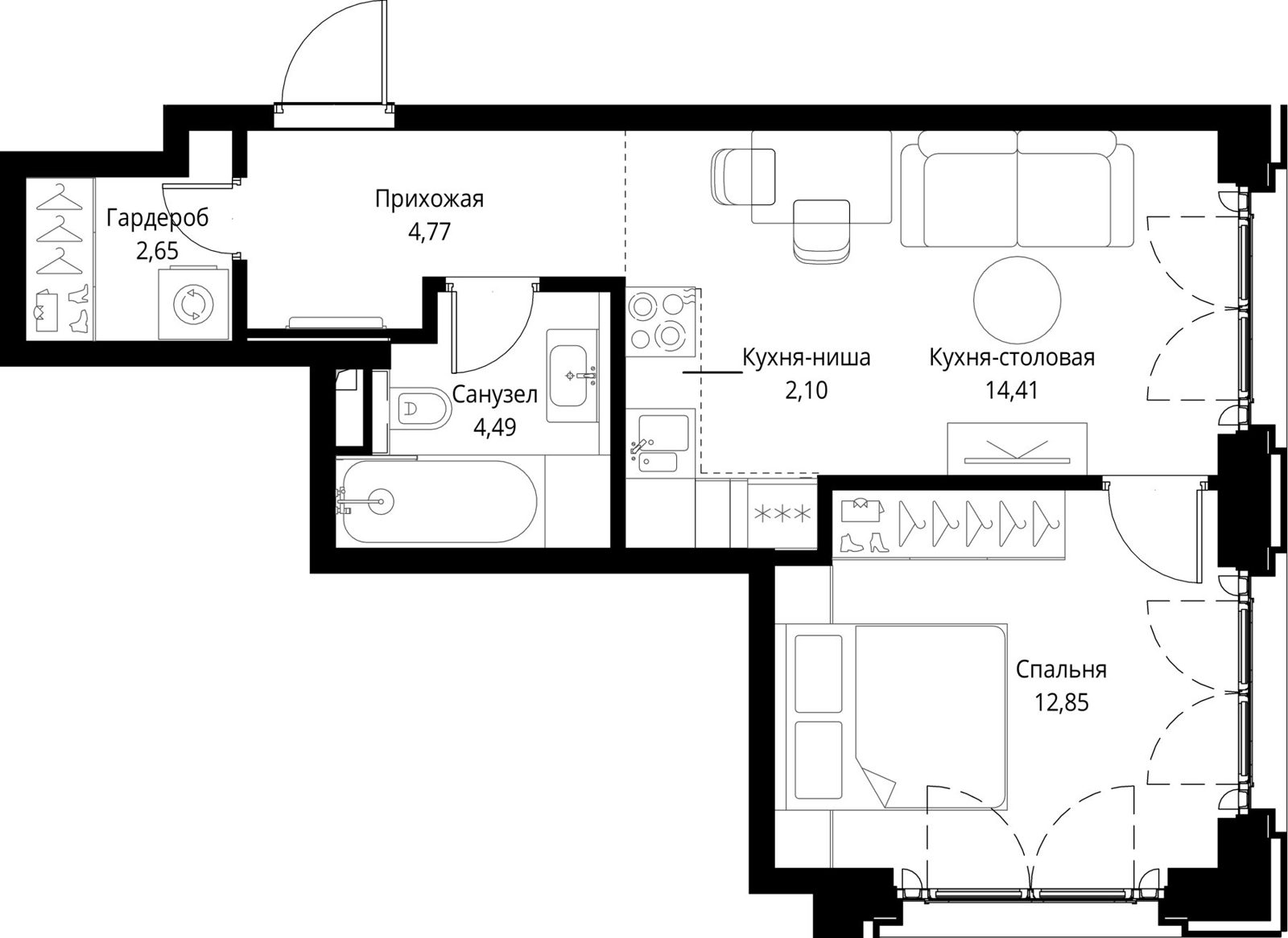 1-комнатная квартира, 41,3 м²