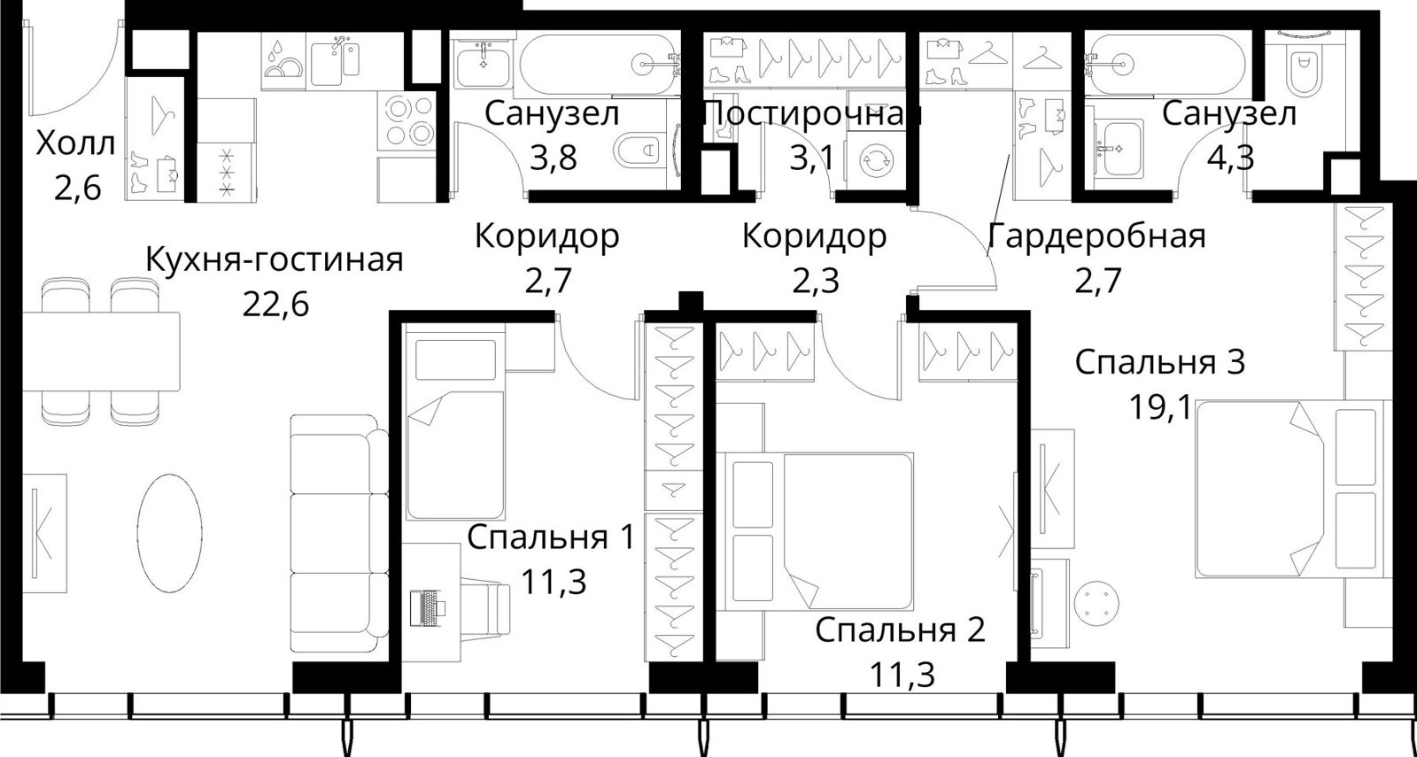 3-комнатная квартира, 85,8 м²