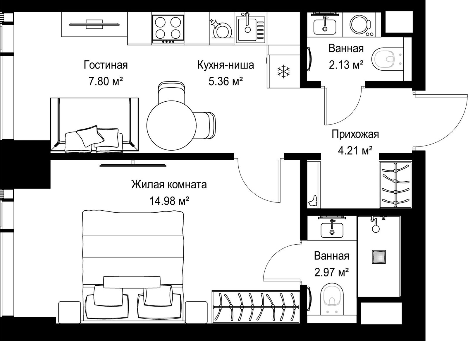 1-комнатная квартира, 37,5 м²