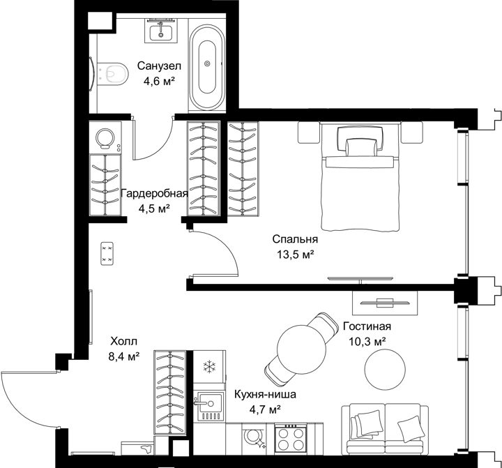 1-комнатная квартира, 46 м²