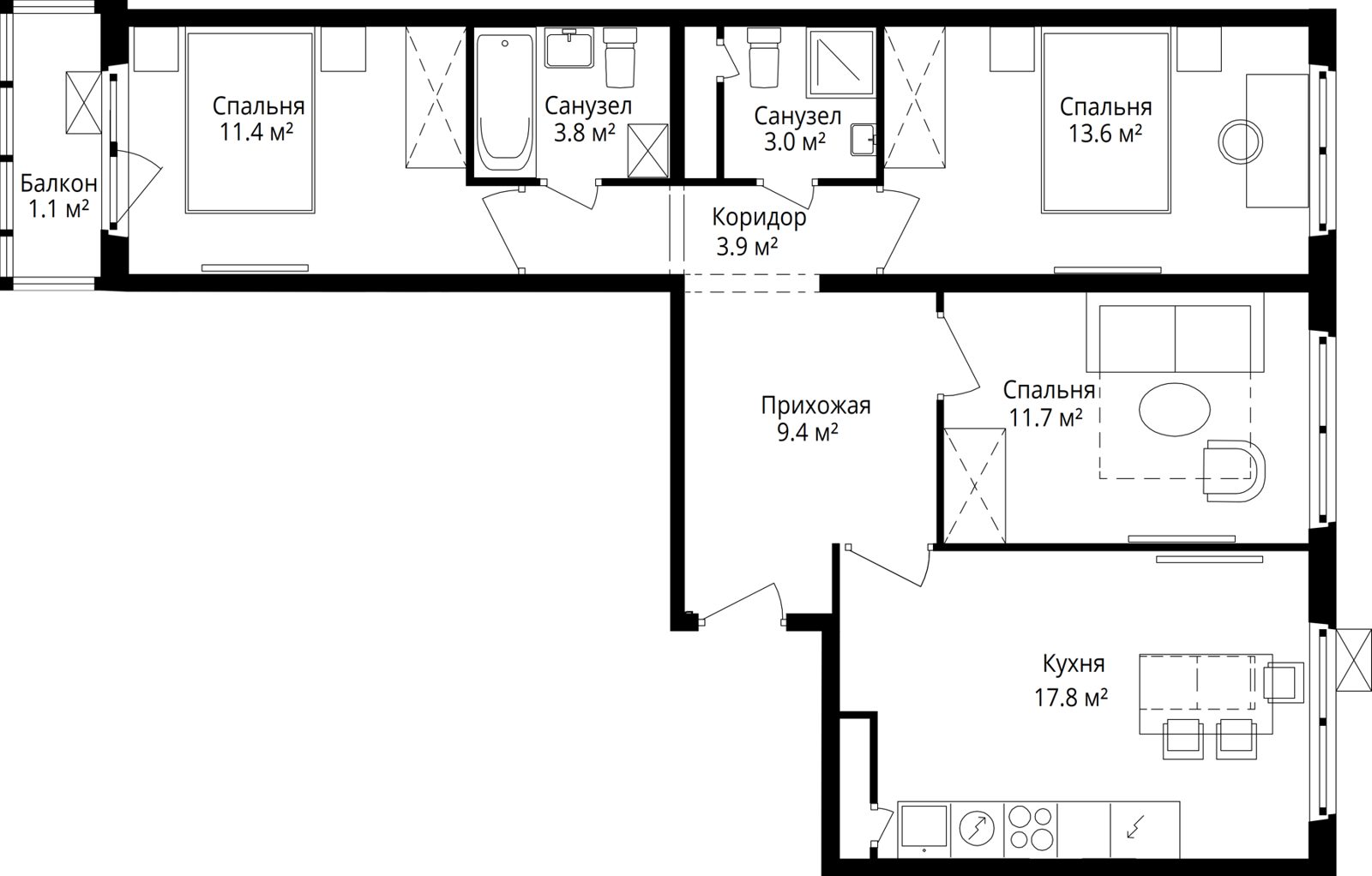 3-комнатная квартира, 75,7 м²