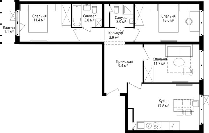 3-комнатная квартира, 75,7 м² — фото 1