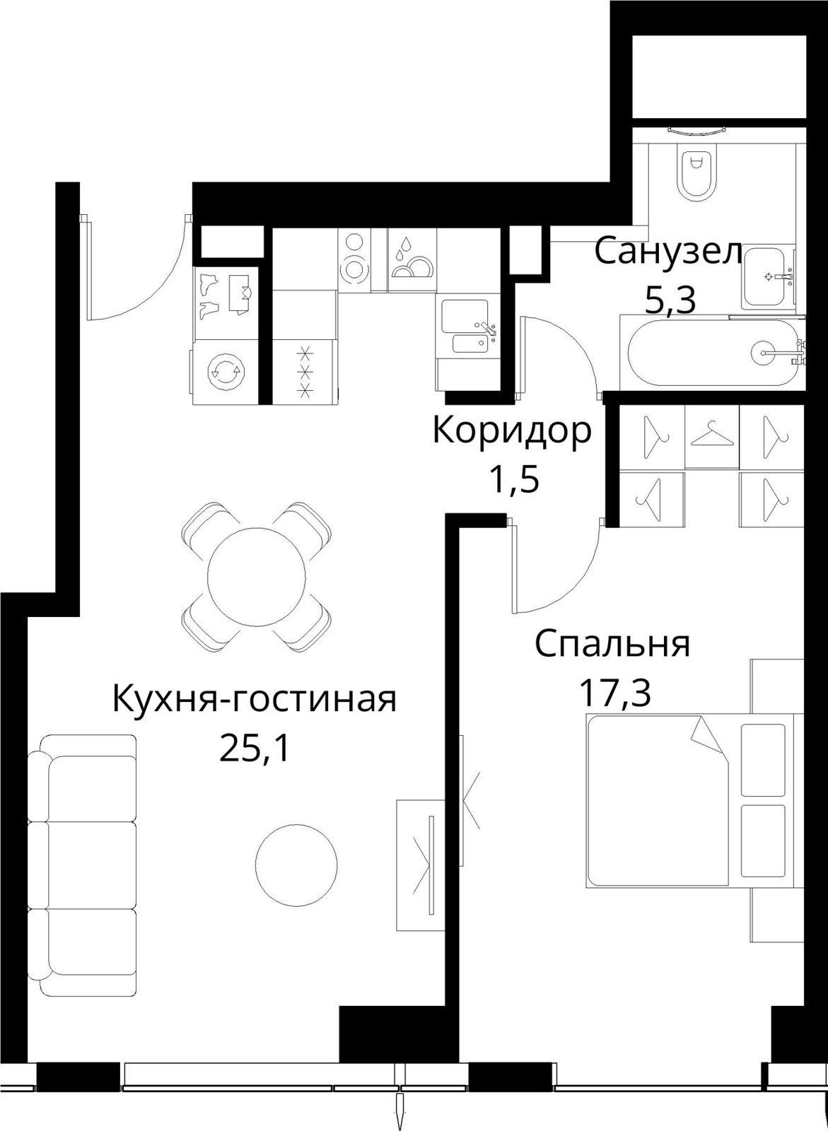 1-комнатная квартира, 51,7 м²