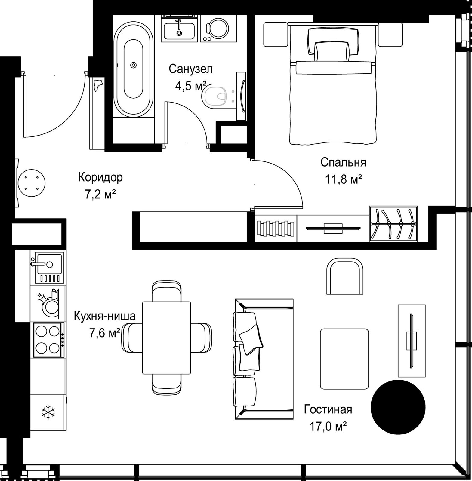 1-комнатная квартира, 48,1 м²