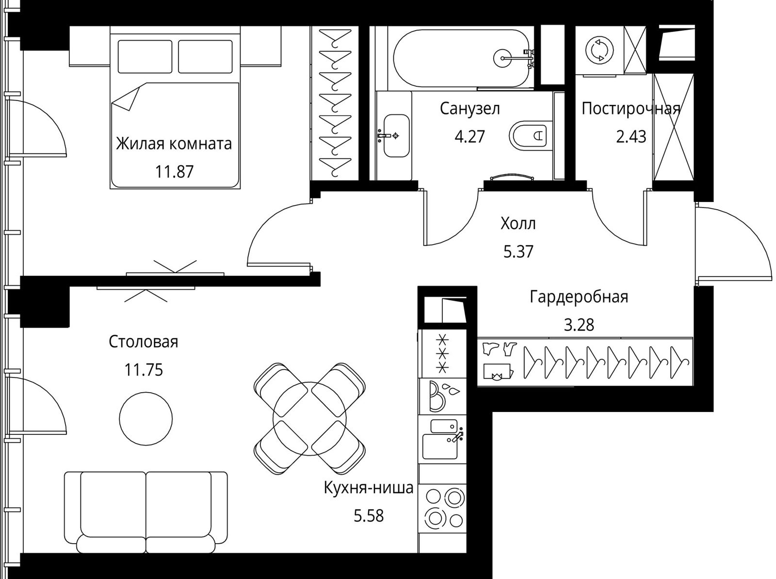 1-комнатная квартира, 44,5 м²