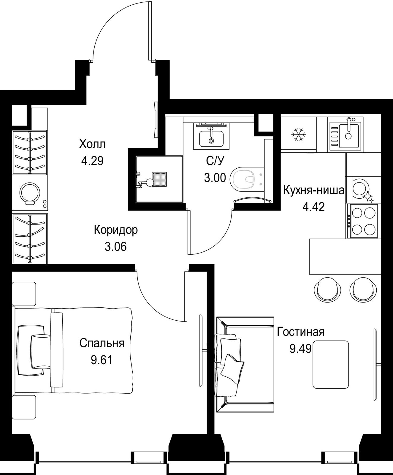 1-комнатная квартира, 33,9 м²