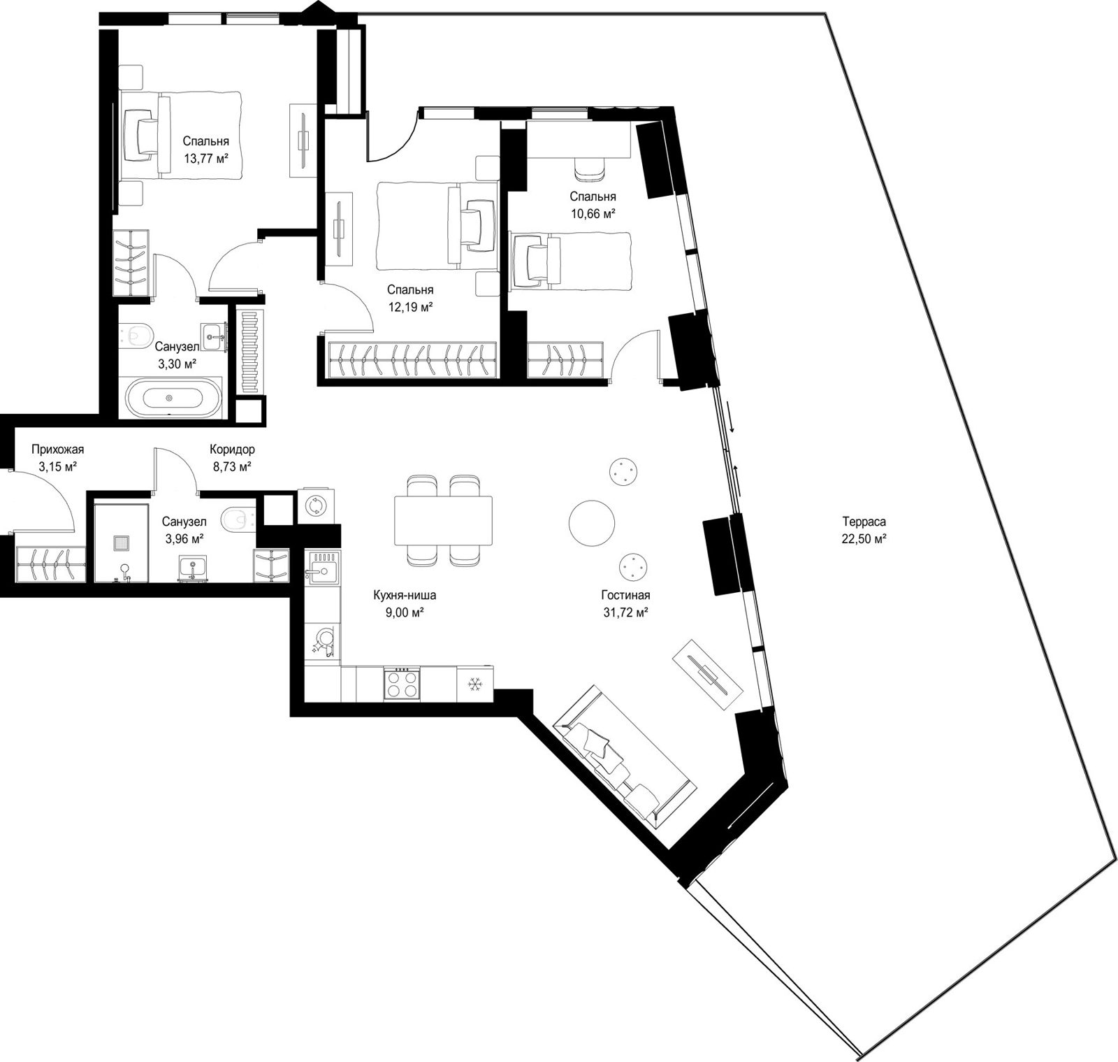 3-комнатная квартира, 119 м²