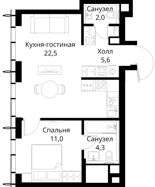 1-комнатная квартира, 45,4 м² — фото 1