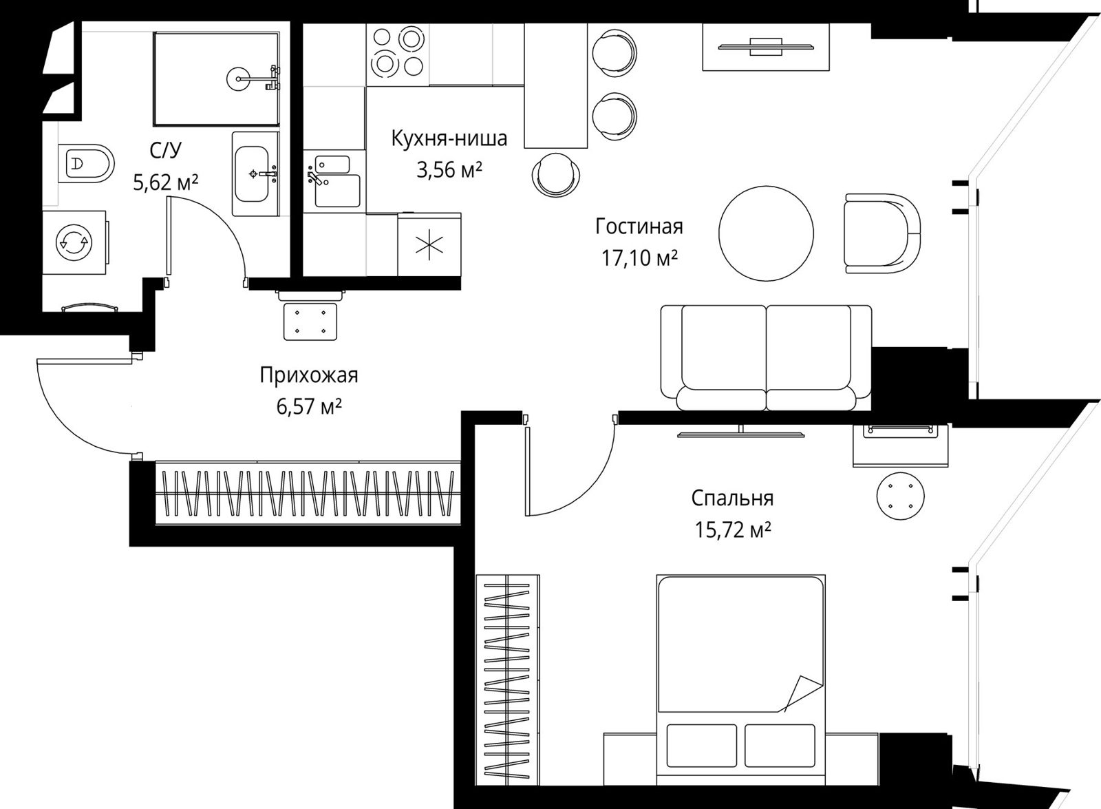 1-комнатная квартира, 48,6 м²