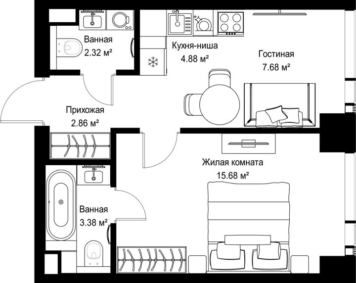 1-комнатная квартира, 36,8 м²
