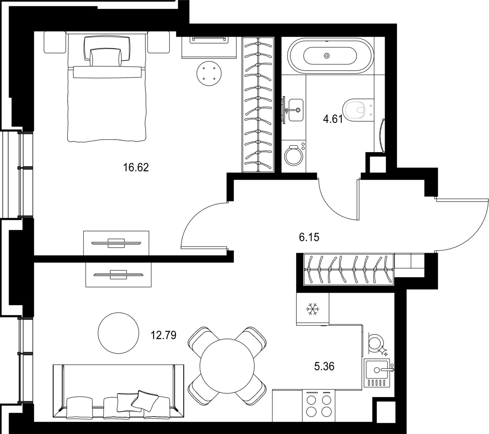 1-комнатная квартира, 45,5 м²