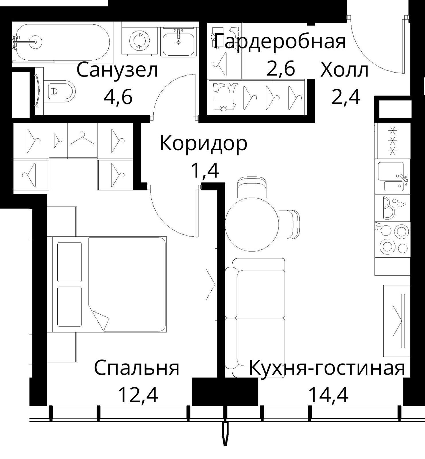 1-комнатная квартира, 37,8 м²