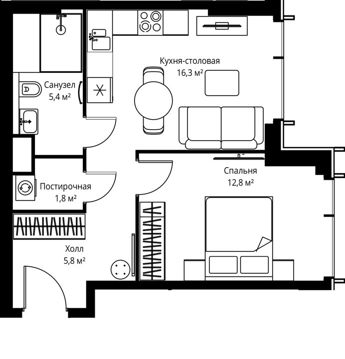 1-комнатная квартира, 42,1 м²